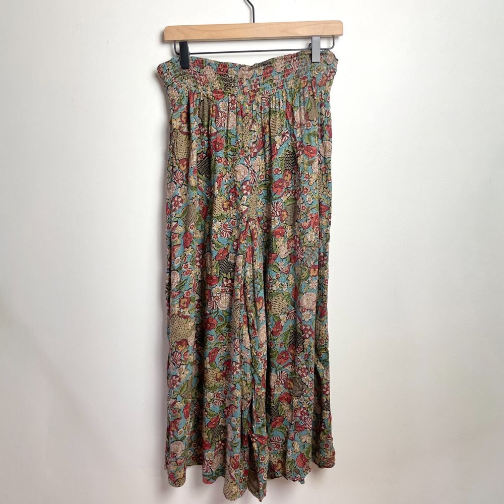 Vintage 90s Flowy Wide Leg Pants Sz 6 Brown Green Forest Fairy Goblin Boho Crop - Picture 2 of 7